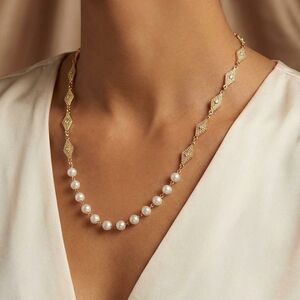 Source Unknown Vintage Gold Faux Pearl Geometric Station Necklace 11"-13"